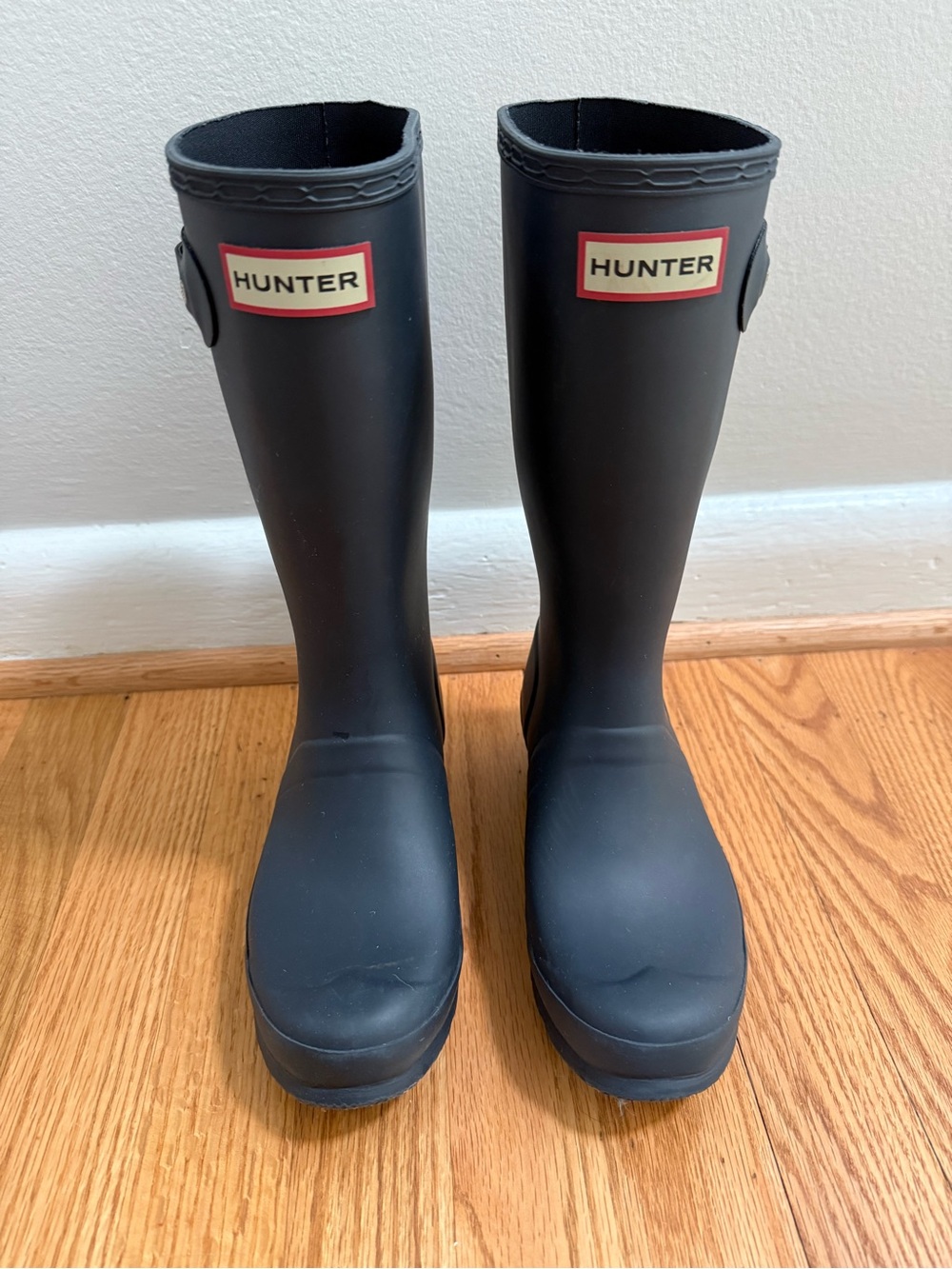 Hunter Kids Matte Navy Blue Tall Rain Boots with Red Logo Trim